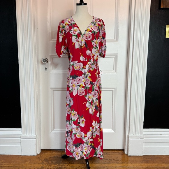 NWT Anthropologie x Alice Archer Rosalie Wrap Midi Dress 10 Red Motif Floral - Picture 3 of 16